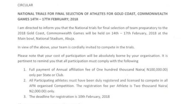 AFN moves Gold Coast 2018 Trials to Abuja