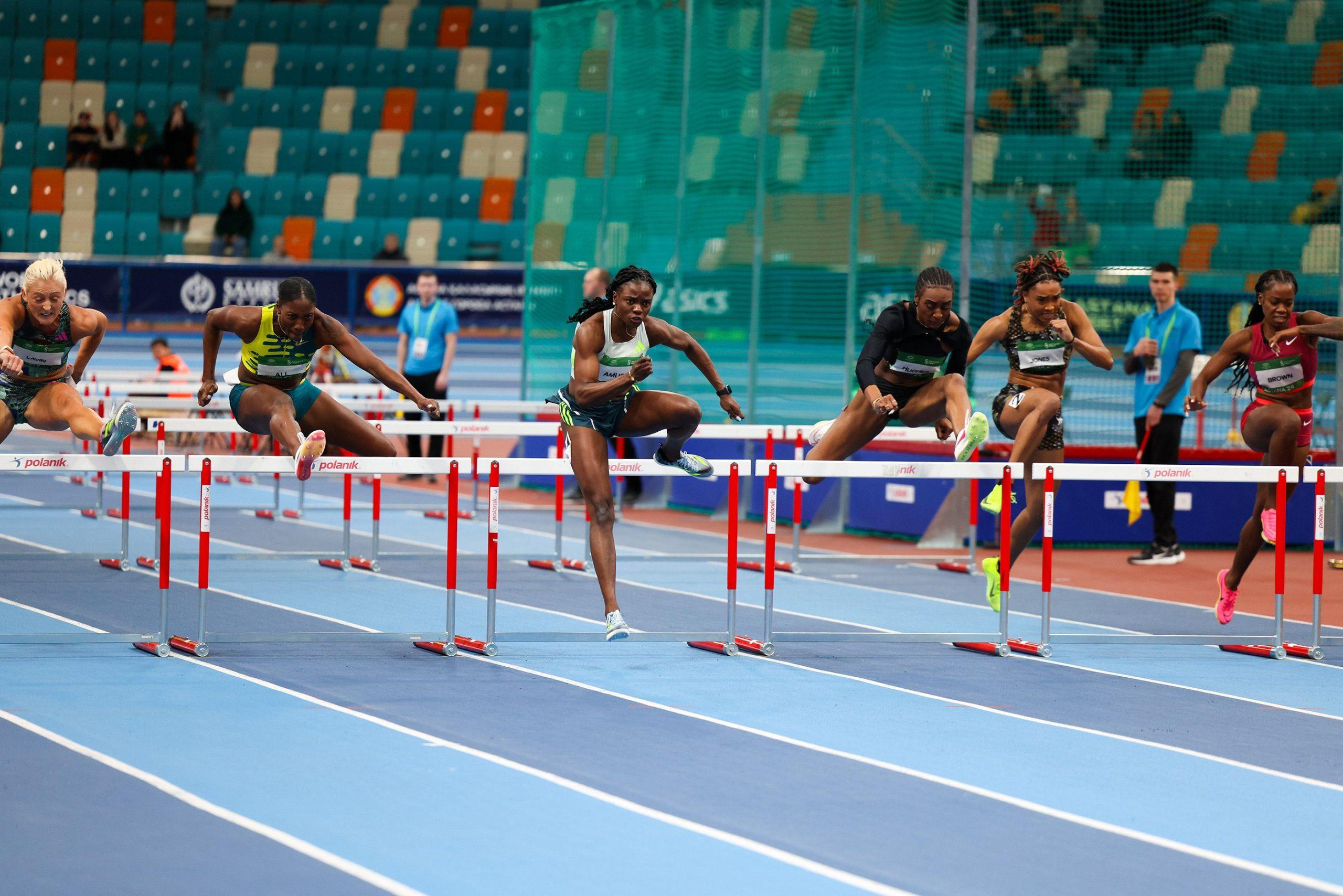 The women's 60m hurdles final at the World Athletics Indoor Tour Gold meeting in Astana (© Marta Gorczynska)